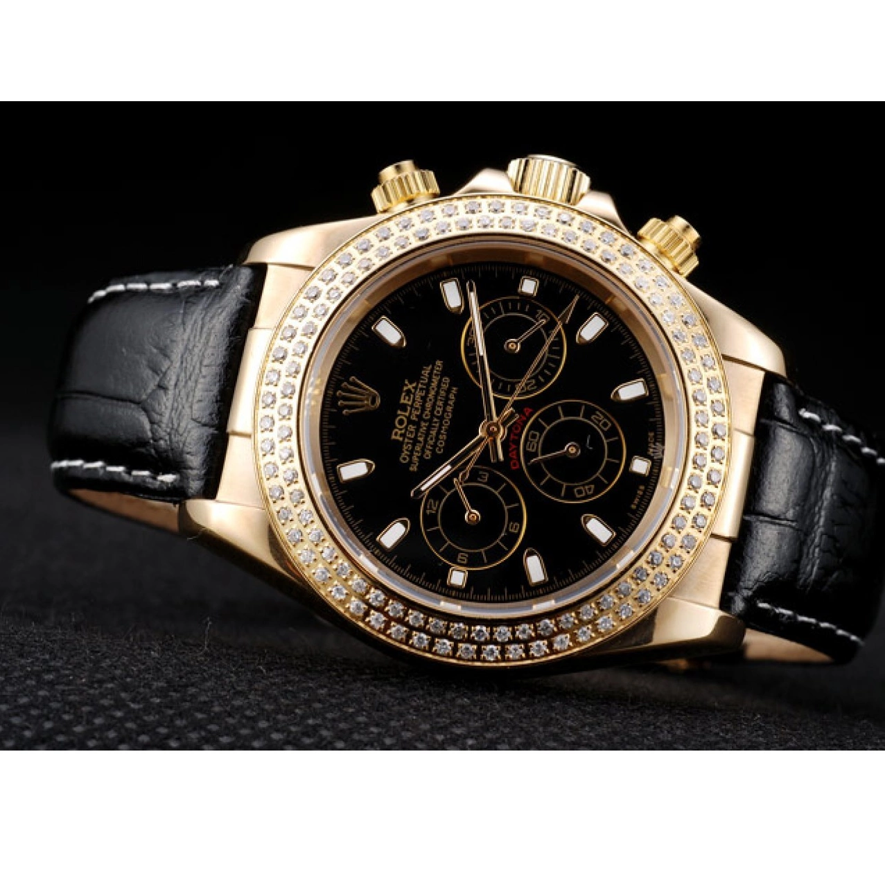 Aaa replica watch Crystal Daytona Dial Rolex Case Black Bezel Studded Gold 0707